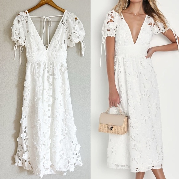 Flourishing Blossoms White 3D Floral Backless Midi Dress - Picture 1 of 11